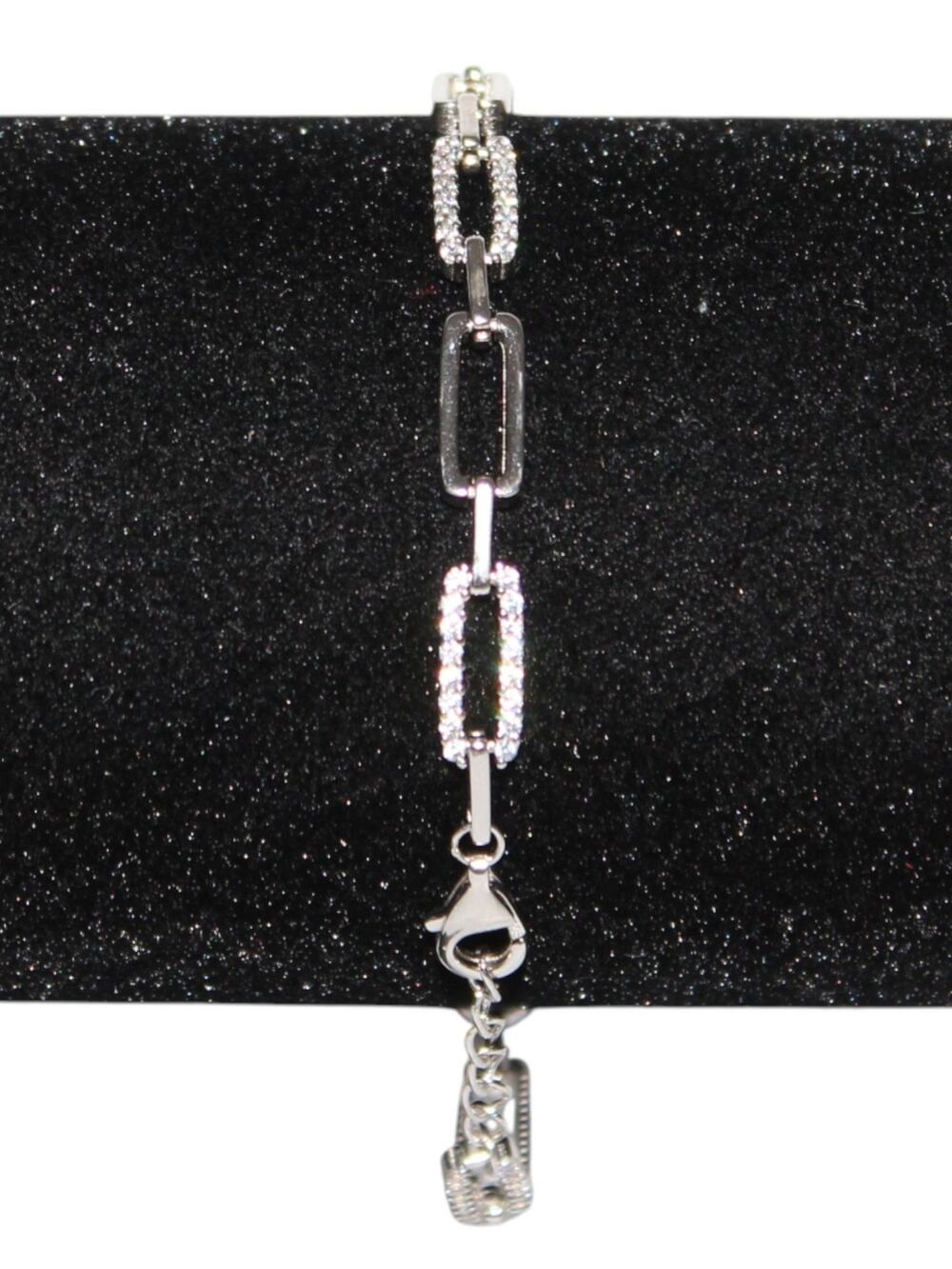 925 Sterling Silver Bracelet Rectangle Link w/ Rhinestones